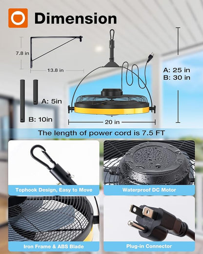 addlon 20" Outdoor Ceiling Fan with Light for Patios, IP65 Waterproof Gazebo Fan with Remote&APP Control,360° Adjustable Tilt,6 Speeds,3CCT Dimmable, Wall Mount Ceiling Fan with Hook Hanging for Porch