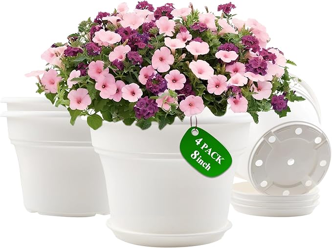 Pottiffe 8 Inch Plastic-Flower Pot-for-Indoor Plants, 4 Pack Large Outdoor Planter Pot with Drainage Holes & Saucers, Resin Decorative Garden Pots Planters