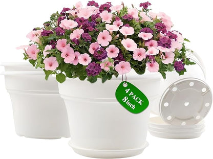 Pottiffe 8 Inch Plastic-Flower Pot-for-Indoor Plants, 4 Pack Large Outdoor Planter Pot with Drainage Holes & Saucers, Resin Decorative Garden Pots Planters