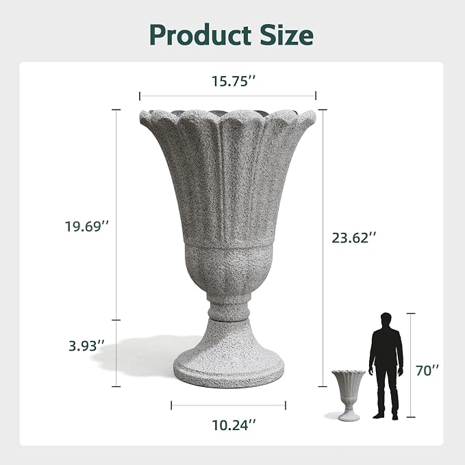 23.6" Tall Plastic Urn Planters for Outdoor Plants, Set of 2 Heavy-Duty Classic Indoor Large Flower Pots with Drainage Holes & Petal Design, Outdoor Planters for Porch, Home Garden, Grey