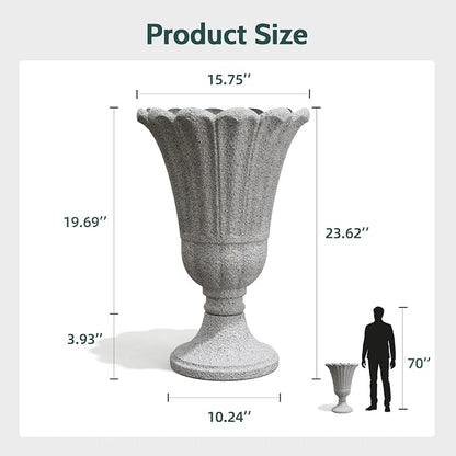 23.6" Tall Plastic Urn Planters for Outdoor Plants, Set of 2 Heavy-Duty Classic Indoor Large Flower Pots with Drainage Holes & Petal Design, Outdoor Planters for Porch, Home Garden, Grey