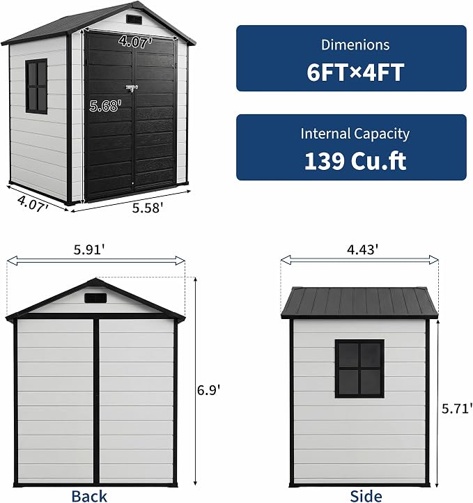 Outdoor Storage Shed with Floor, Plastic Resin Garden Shed with Window & Sloping Roof & Lockable Door for Patio Backyard Garden, Lawn Mower, Bike, Tool Storage (Grayish White + Black, 6' x 4')
