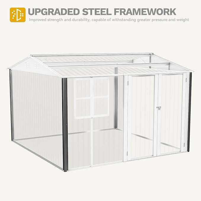 DWVO 10' x 10' Outdoor Storage Shed, Waterproof Metal Garden Shed with Windows, Lockable Doors, and Sloped Roof for Patio, Backyard, Lawn, Tool Storage, Bike Shed, Pet Shelter (Gray + White)