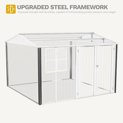 DWVO 10' x 10' Outdoor Storage Shed, Waterproof Metal Garden Shed with Windows, Lockable Doors, and Sloped Roof for Patio, Backyard, Lawn, Tool Storage, Bike Shed, Pet Shelter (Gray + White)