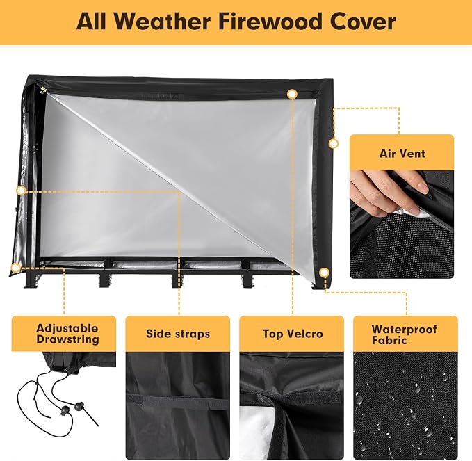 nalone 8FT Outdoor Firewood Rack with Cover&Carry Bag Heavy Duty Square Strong Stand Rack with Waterproof Cover for Fireplace Fire Pits Wood Pile Storage Holder Lumber Rack