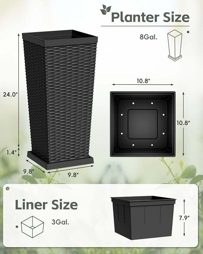 Greesum Set of 2 Tall Plastic Planters with Saucer, 24 Inch Large Pots with Drainage Trays, Weather-Resistant Plastic Plant Containers for Patio, Porch, Garden,Black