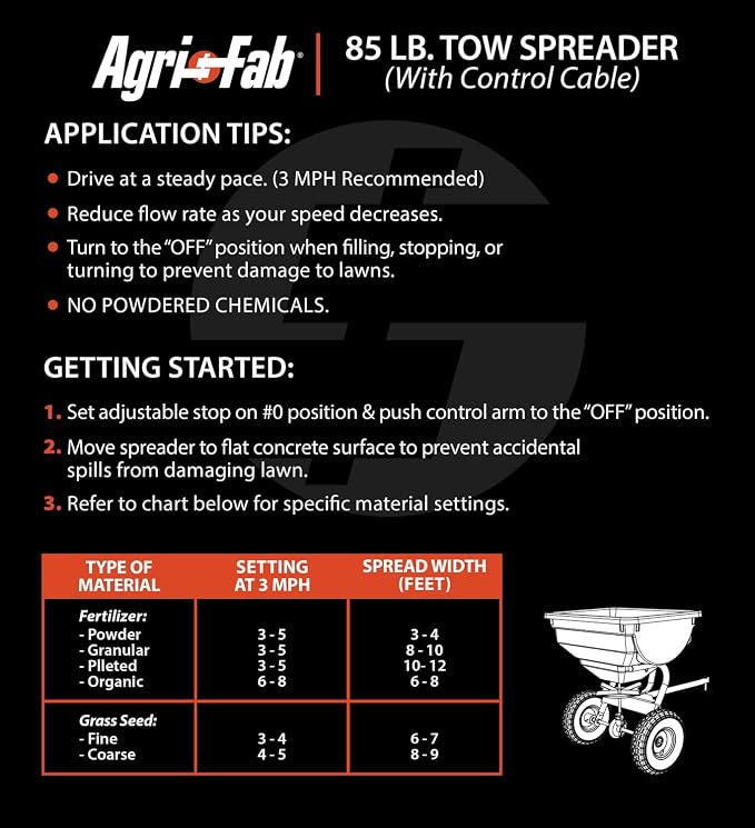 Agri-Fab Tow Behind Broadcast Spreader for Seed and Fertilizer, 85 lb Poly Hopper Capacity with Cable Flow Control, Made in USA