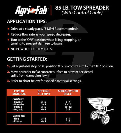 Agri-Fab Tow Behind Broadcast Spreader for Seed and Fertilizer, 85 lb Poly Hopper Capacity with Cable Flow Control, Made in USA