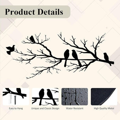ESTART Metal Birds Wall Art, Metal Vivid Birds on Branch Silhouette Wall Decor Black Leaves with Bird Outdoor Hanging Wall Sculpture for Home Balcony Garden (Small)