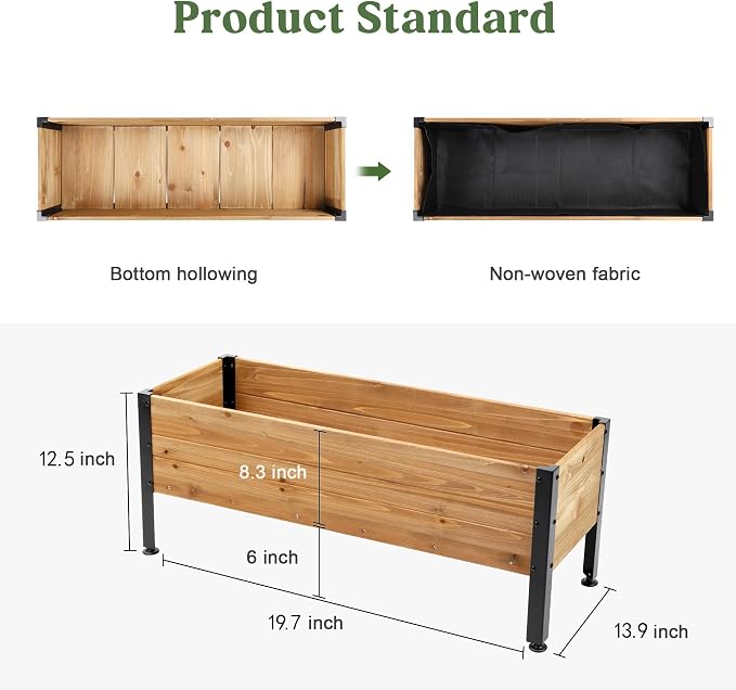 Wooden Rectangular Flower Box with Short Iron Legs, Planting Bed for Flowers and Vegetables, Suitable for Garden and Balcony. Dimensions: 19.7x13.9x12.5 inches