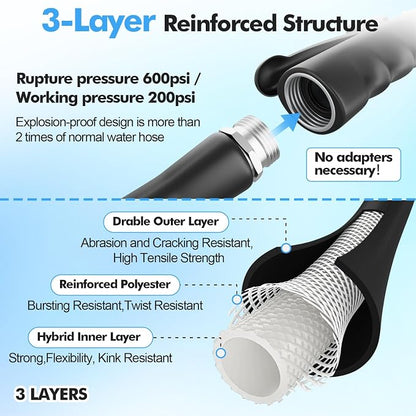 SPECILITE 5/8" Hot/Cold Garden Hose 200 ft with Industrial High Pressure Nozzle, Flexible & Lightweight, 600psi Burst Rubber Water hose -50℉-158℉ With 3/4"Stainless Steel Fittings for Yard, Black