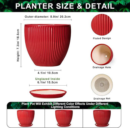 Ceramic Flower Pots 8 Inch, Ceramic Planters for Indoor House Plants, Decorative Plant Pots with Drainage Hole and Saucer, Modern Round Planter, Office Decor, Gifts for Men Women, Red