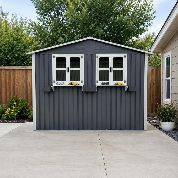 6x9 FT Outdoor Storage Shed with 2 Clear Openable Windows,Waterproof Metal Building Backyard Shed w/Windowsill & Garden Bed Flower Rack,Lockable Double Doors Tool Shed,for Yard,Coal Gray
