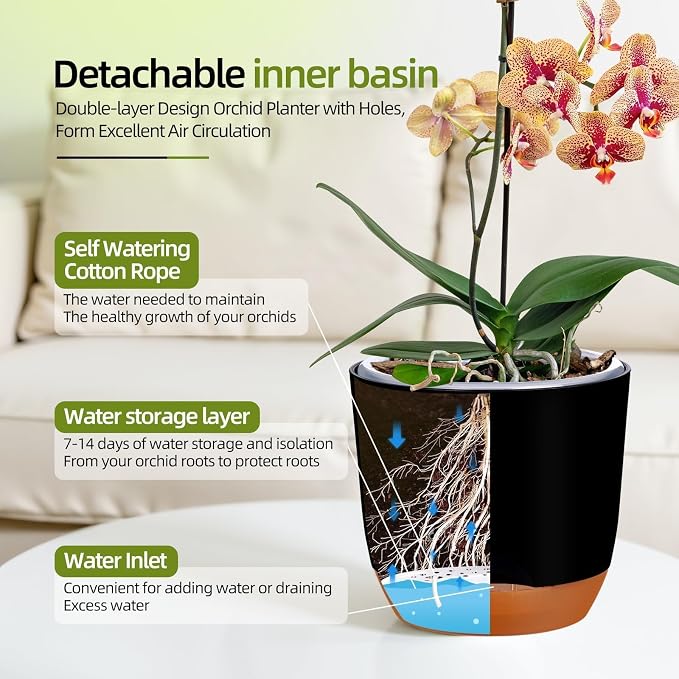 QCQHDU 5.7Inch Orchid Pots with Holes for Repotting, Double-Layer Plastic Self Watering Flower Pots for Indoor Plants with Drainage Holes, Clear Orchid Pot Match Decorative Orchid Container, 5 Packs
