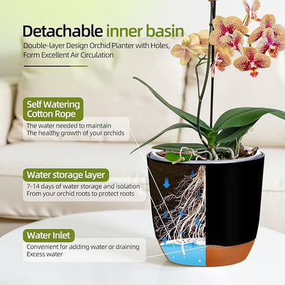 QCQHDU 7.2Inch Orchid Pots with Holes for Repotting, Double-Layer Plastic Self Watering Flower Pots for Indoor Plants with Drainage Holes, Clear Orchid Pot Match Decorative Orchid Container, 3 Packs