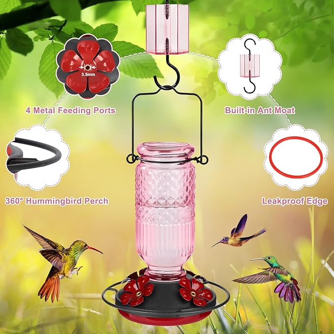FEED GARDEN Glass Hummingbird Feeder for Outdoors Hanging, 16 oz Leak-Proof Nectar Feeder with Bee Guards & Ant Moat, 4 Metal Flower Feeding Ports, 360° Perch Ring, Easy Refill & Clean, Pink