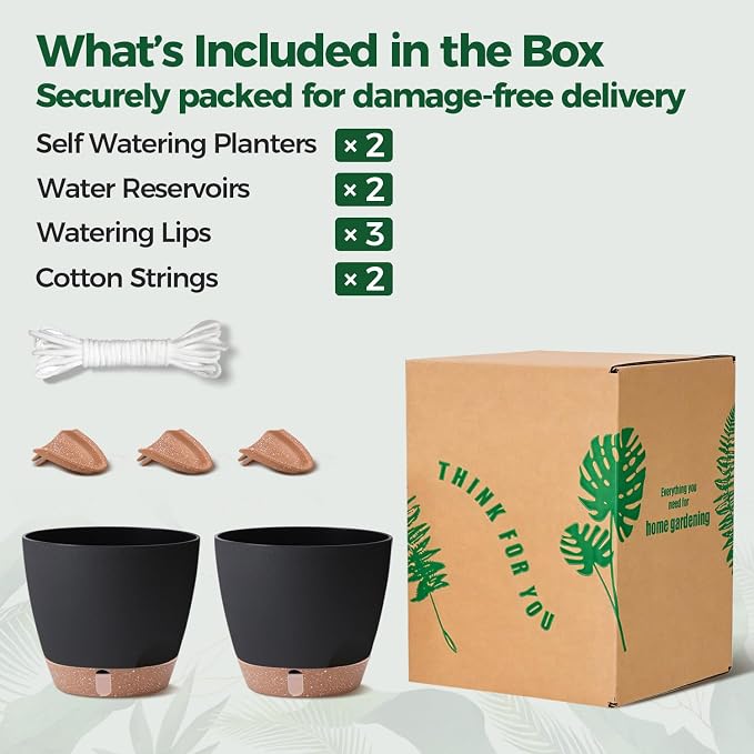 T4U 2 Pack 8 Inch Self Watering Pots - Water Level Indicator & Deep Reservoir, Mess-Free Planter for Busy People, Beginners & Gardeners, Pothos/Herbs/Snake Plants, Indoor Outdoor Use (Black)