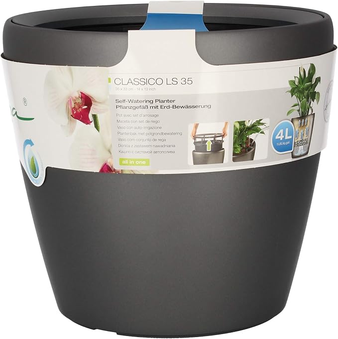 Lechuza Classico LS 35 Charcoal Metallic, Self-Watering Round Planter, D13.8 H13 in