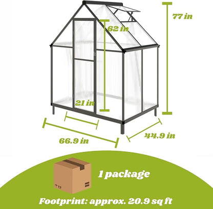 6x4 FT Greenhouse for Outdoors, Polycarbonate Greenhouse with Quick Setup Structure and Roof Vent, Aluminum Large Walk-in Green House for Outside Garden Backyard, Charcoal Black
