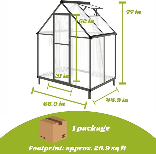 6x4 FT Greenhouse for Outdoors, Polycarbonate Greenhouse with Quick Setup Structure and Roof Vent, Aluminum Large Walk-in Green House for Outside Garden Backyard, Charcoal Black