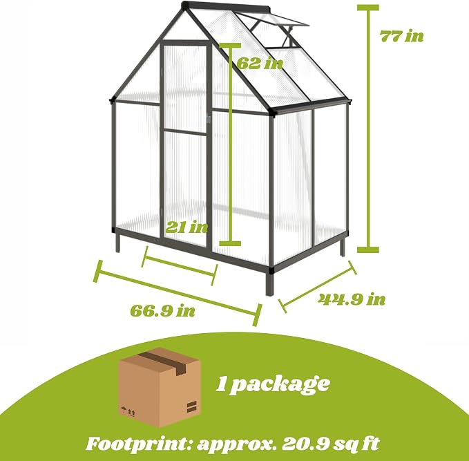 6 x 4 FT Greenhouse for Outdoors, Polycarbonate Panel Greenhouse Outdoor Quick Setup Structure, Roof Vent, Aluminum Large Walk-in Green House for Outside Garden, Charcoal Black