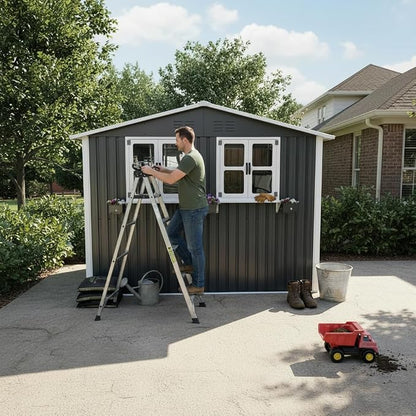 6x9 FT Outdoor Storage Shed with 2 Clear Openable Windows,Waterproof Metal Building Backyard Shed w/Windowsill & Garden Bed Flower Rack,Lockable Double Doors Tool Shed,Waterproof,for Yard,Gray