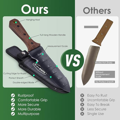 PERWIN Hori Hori Garden Knife, Garden Tools with Sheath for Weeding, Planting, Digging, 7" Stainless Steel Blade with Cutting Edge, Full-Tang Wood Handle with Hanging Hole