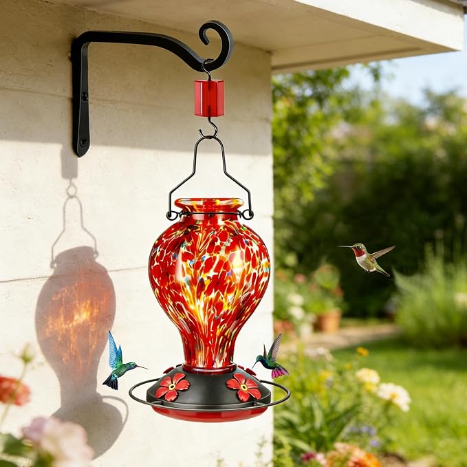 Hand Blown Glass Hummingbird Feeders for Outdoors Hanging, 24oz Wild Bird Nectar Feeder with Ant Moat and Perch, Bee-Resistant Ports, Garden Decor, Gifts for Women Mom, 1 Pack, Red Polka Dots