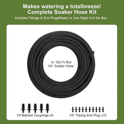 Soaker Hose 1/4 Inch 100ft, Garden Soaker Hose for Garden Beds, Trees & Flower Beds, Uniform Seepage Irrigation Hose