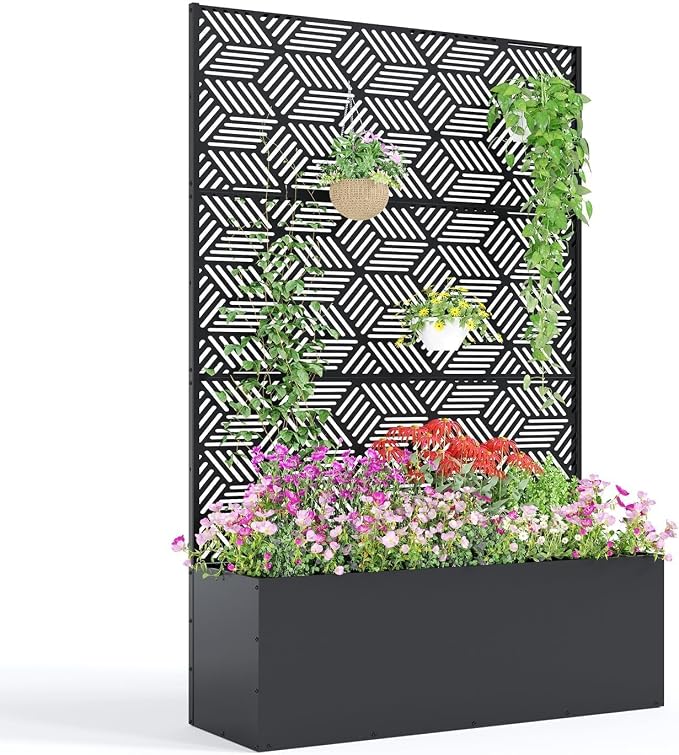 GarveeLife Metal Planter Box with Trellis, 71"x47"x16" Raised Garden Bed for Climbing Plants, Vegetables, Vines, Privacy Planters for Patio with Drainage Holes, 15.7" Deep Planting Bed