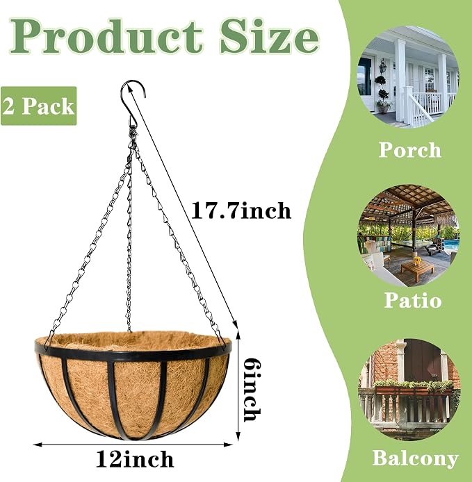 Black Flat Iron Metal Hanging Planter Basket with Coco Coir Liner(2 Pack, 12 Inch) Hanging Planters for Outdoor Plants Round Plant Flower Pots Hanging Flower Basket for Outdoor Patio Garden Decoration