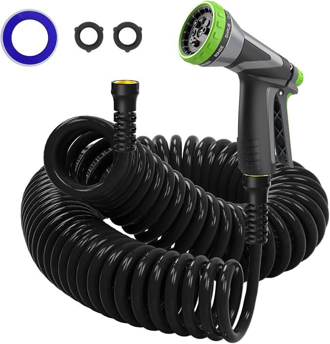 Coil Hose,3/8" EVA Coil Garden Hose 25 FT,Curly Water Hose Lightweight with Metal Connectors and Swivel Handle,Retractable Garden Hose Includes 8-Pattern Spray Nozzle for Boat, Yard, Patio