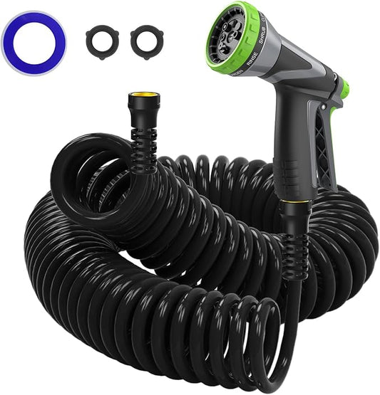 Coil Hose,3/8" EVA Coil Garden Hose 25 FT,Curly Water Hose Lightweight with Metal Connectors and Swivel Handle,Retractable Garden Hose Includes 8-Pattern Spray Nozzle for Boat, Yard, Patio