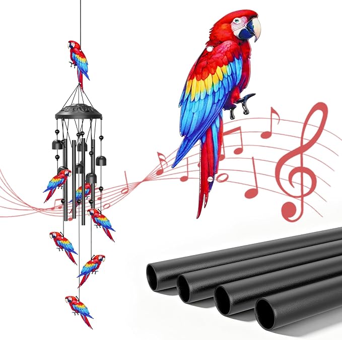 35" Wind Chimes for Outside, Hand-Tuned Aluminum Windchimes with 6 Bells & Parrot Decor, Rustproof Metal Chimes for Garden Patio Porch, Sympathy Memorial Gift for Mom Women(Parrot)