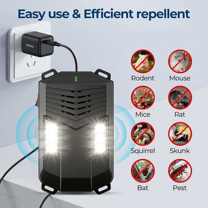 Ultrasonic Repellent Mouse for Cart- Under Hood Battery & Plug-in Powered Device, Repels Rodent, Mice, Rats & Squirrels from Vehicle Engine, Garage, Attic, Barn, Shed, Indoor & Outdoor, 2PACK