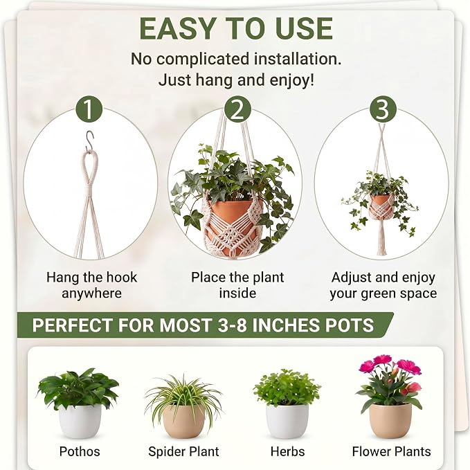 Shappy 1 Pack Boho Macrame Plant Hanger, Large Hanging Planter Plant Holder Pot Hanger Hanging Basket Wall Planters, Plants Lover Gift for Indoor Garden (Diamond Knot Macrame,White)