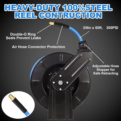 Retractable Air Hose Reel With 3/8" Inch x 50' Ft, Heavy Duty Steel Hose Reel Auto Rewind Pneumatic,Industrial Grade Rubber Hose,Black