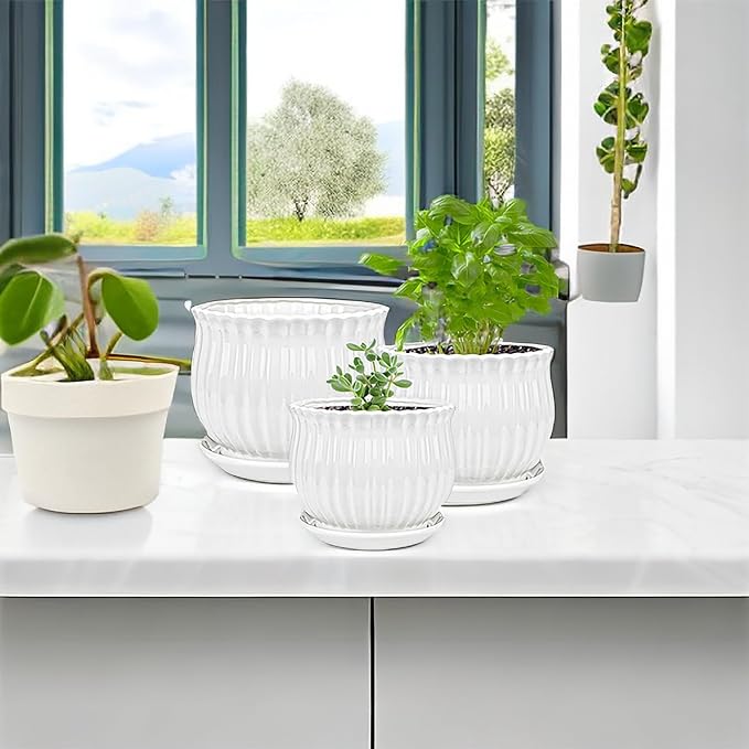 Yesland 3 Pack Ceramic Planter Pots, 3.9"/5.3"/6.7" Modern Round Flower Pots with Drainage Holes & Saucers, Small Indoor Planters for Succulent Cactus, Home Decor Gift