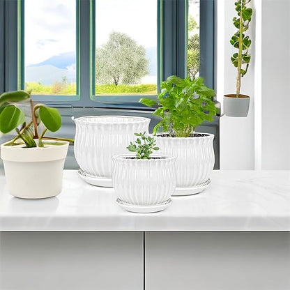 Yesland 3 Pack Ceramic Planter Pots, 3.9"/5.3"/6.7" Modern Round Flower Pots with Drainage Holes & Saucers, Small Indoor Planters for Succulent Cactus, Home Decor Gift