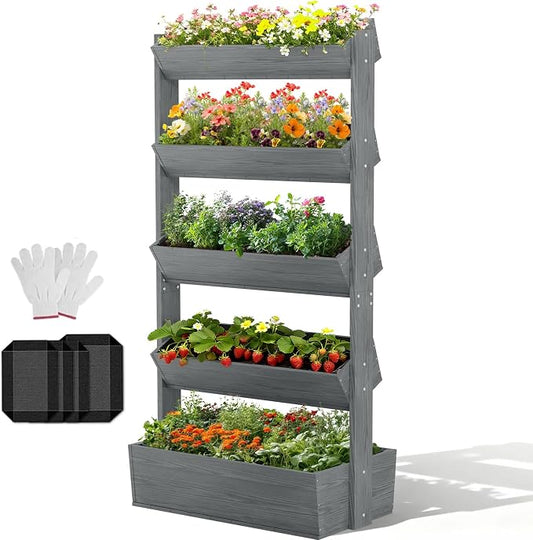 DoCred Vertical Raised Garden Bed, 5 Tier Freestanding Wood Garden Planters | Wooden Plant Stand Flower Rack with Planter Box for Herbs Flowers Vegetables Outdoor Indoor Gardening, Grey