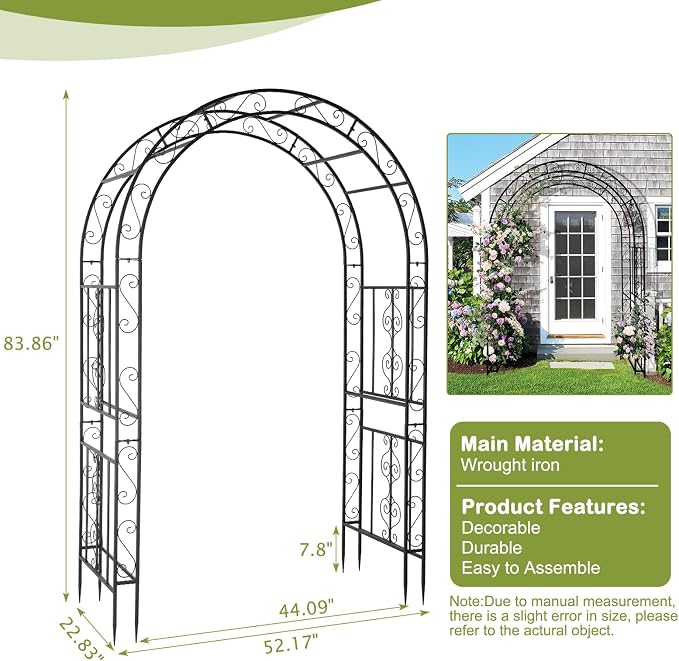 Outvita 7FT Metal Garden Arch Arbor, Black Trellis Frame | Heavy duty metal arbour with 7 in ground stakes; for roses, vines, lawn, patio, wedding & party decor