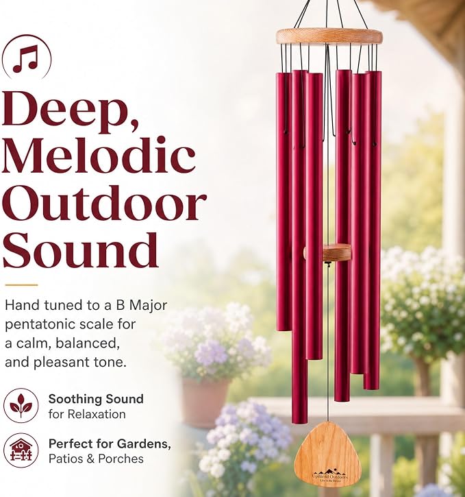 Red Wind Chimes for Outside Deep Tone, 41 Inch Hand Tuned B Major Pentatonic Alto Wind Chime with Decorative Kindness Stone, Outdoor Garden Patio Porch Decor, Meaningful Sympathy Memorial Gift
