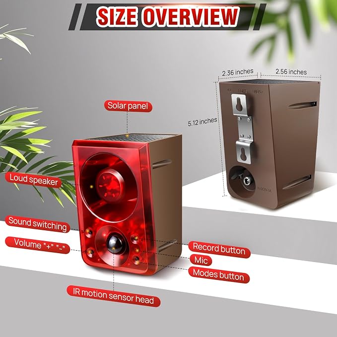 Solar Outdoor Motion Sensor Alarm, Dog Barking&Gunshot Sound,130db Loud Noise Maker,Support Recording,13 Kinds of Sound and Strobe Light to Deter Raccoons, Deer, Skunks, Bears, and Coyotes (2 Pack)