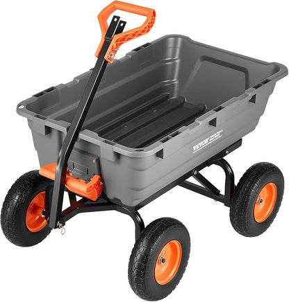 VEVOR 10 Cu.Ft 1200LBS Poly Garden Cart Dump Wagon, Heavy Duty Wheelbarrow with Convertible Handle and 13" Flat Free Tires, Outdoor Yard Wagon ATV Trailer Dump Cart Tow Behind for Lawn Mower Tractor
