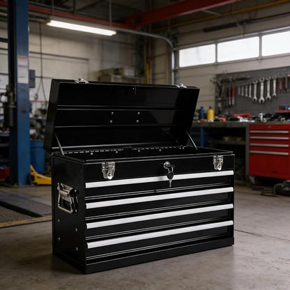 4 Drawers Metal Tool Box, 21'' Portable Metal Tool Box with EVA Liners & Auto-Locking Mechanism, Heavy Duty Steel Tool Chest with Ball-Bearing Drawer Slides & Convenient Top Handle, Black