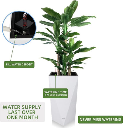 Dexceder 24 Inches Self Watering Tall Planter (White) | Diamond High Gloss, Thickened Rhombus Large Floor Standing Flower Plant Pot with Water Level Indicator Indoor Outdoor