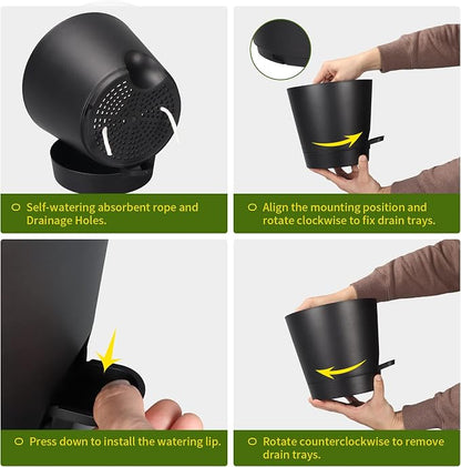 8 Inch Self Watering pots for Indoor, 6 Pack Plastic Plant Pots with Drainage Holes, Black