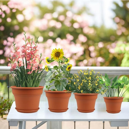 Pottiffe 16 inch Plastic-Flower-Pot-for-Indoor-Plants, 4 Pack Large Outdoor Planter Pot with Drainage Holes & Saucers, Resin Decorative Garden Pots Planters