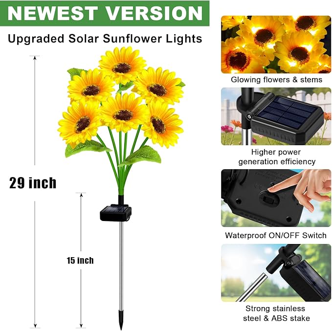6 Pack with 36 Sunflower Lights,Solar Lights Outdoor Garden Decor,Solar Flowers Lights Waterproof,Sunflowers Birthday Gifts for Mom Women Grandma,Decorative Stakes Lights for Landscape Yard Patio Lawn