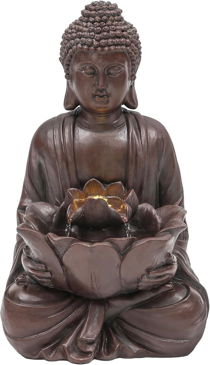 AUTODAYA 18.9" H Buddha Statue Outdoor Water Fountain with Warm LED Lights | Zen Style Garden Fountain with Relaxing Waterfall for Patio, Porch, or Yard Decor, Faux Bronze